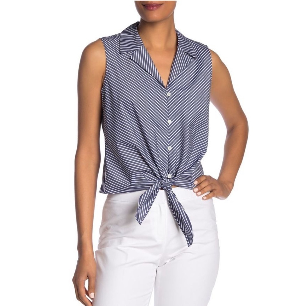 LAFAYETTE 148 Wynter Striped Tie-Front Blouse | Blue Cotton Sleeveless Top XS